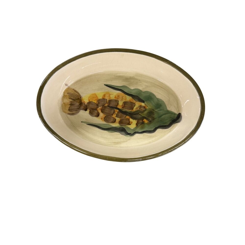 Vintage Hand-Painted Italian Ceramic Oval Serving Dish With Corn Design
